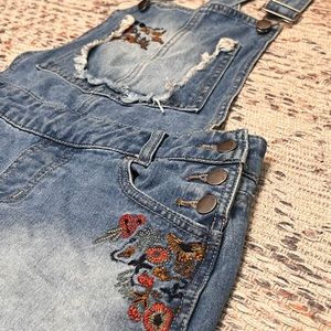 Embroidered Flower Jean Overalls